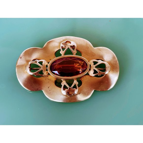 Antique Brass Gilt Large Brooch With Brown Glass Stone - Picture 3 of 8
